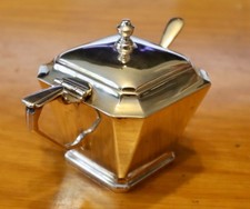 Sterling Silver Mustard Pot (Nathaniel Mills 1932?) Blue Glass Liner & Spoon