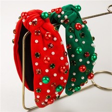 Christmas Red & Green Knotted Headband Pearl Gem Embellished Hair Band Ladies UK