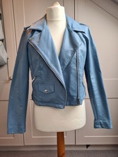 Oasis Baby Blue Faux Leather Biker Jacket Size L (Approx 14)