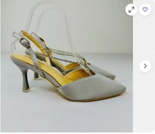 C.Paravano Women's Slingback Heels Grey Satin Pointed Toe Pumps Diamante