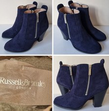 Russell + Bromley Ladies Size 39 Blue Suede Leather Double Zip Heel Ankle Boots