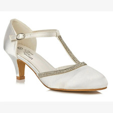 Ladies Ivory Satin Diamante T-Strap Low Kitten Heel Wedding Bridal Shoes UK 3-8