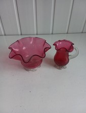 Antique Victorian Art Hand Blown Cranberry Glass Jug And Bowl FO