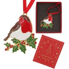 Shudehill Giftware Xmas Treasures Robin On Holly Boxed Hanging Decoration 355570