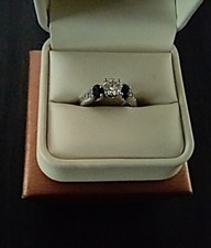 Tolkowsky Ideal Cut-RBC .72 CT, 14K White Gold Engagement Ring, Black Gemstones