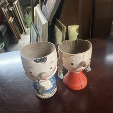 Vintage Wooden Boy Girl Egg Cups Hand Painted Set of 2 Made In England Kitsch GC