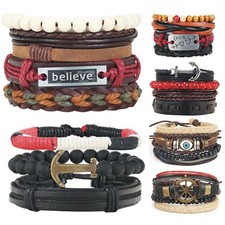 Mens Womens Stretch Multi Double Row Pure Real Leather Bracelets Bead Wristband 