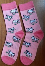 Novelty Cow Socks Animal Dairy Farmer Farm Cattle Pink Flowers Grass Black White