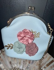 Vintage floral pearl flower purse handbag bag baby blue pink 