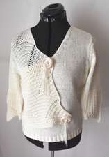 White Wrap Jumper M L Stephen Y 3/4 Sleeve Button Detail Vintage Tassel Knitted