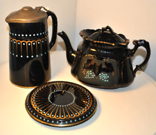 Antique- Victorian Black lustre Teapot Set- Floral Hand-painted- Decorative GC