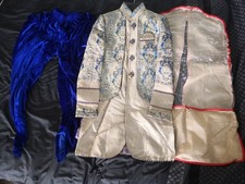 Full Men's Sherwani Indian Wedding Outfit + Trousers Attire Gold Blue