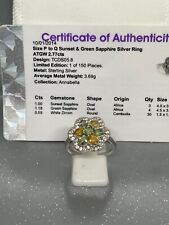 BRAND NEW SUNSET & GREEN SAPPHIRE SILVER RING 2.77CTS WITH COA