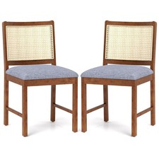2PCS Kitchen Chairs PVC Rattan Back Rubber Wood Frame Fabric Padded Seat Walnut