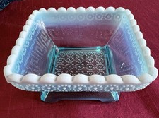 Davidson Glass Blue Pearline Square Dish In Daisy & Greek Key Pattern From 1890
