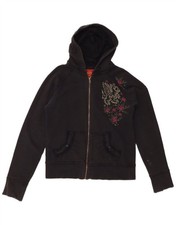 HARD ROCK CAFE Womens Distressed Zip Hoodie Sweater UK 14 Large Black CY07