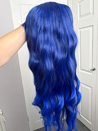 Blue wavy synthetic wig 28in - wig,