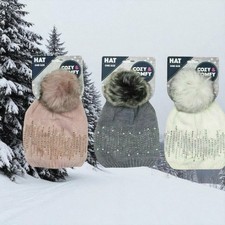 Quality Women's Cozy Diamante Autumn Winter Pull On Hat & Fluffy Bobble 