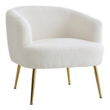 Occasional Tub Barrel Sofa Armchair White Teddy Boucle Accent Chair w/ Gold Legs