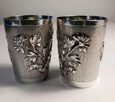 A Pair of Antique Japanese 950 Solid Silver Beakers Shot Cups Meiji Period c1900