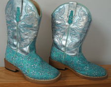 ROPER girl's Cowboy Boots UK 8 glittery aqua blue & silver