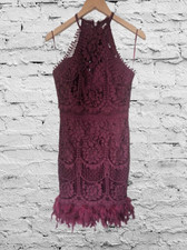 Lipsy VIP Collection Burgundy Lace Slim Fitted Bodycon Dress With Feather Hem