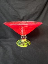 Blown Glass Art Red Yellow Compote Centerpiece Bowl, Xl Martini Glass Design 11"