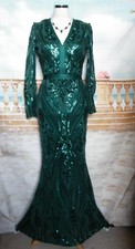Quiz Maxi Evening Dress 8 Green Sequin Fishtail Ballgown Long Sleeve Gatsby Deco