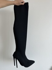 Black Thigh High Pointed Toe Stiletto Sexy High Heeled Boots Size 4 - Brand New