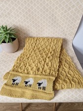 100% British Wool Scarf Handmade Yellow Sheep Pattern Rectangle Stretch Unisex 