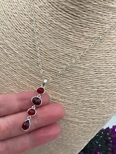 Silver tone cable necklace with ruby look drop pendant fashion jewellery (P1)