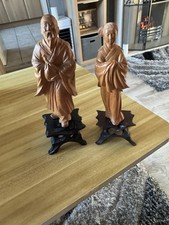 Pair Of Chinese Hand Carved Figures In Wood Mounted On A Stand