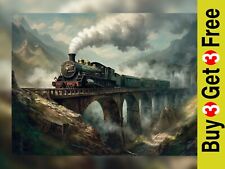 Majestic Vintage Steam Train Oil Painting Print 5"x7" on Matte Paper
