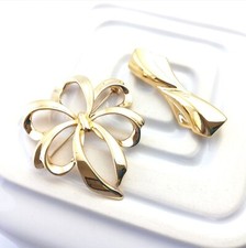 Two Vintage NAPIER Brooches Gold Tone Lapel Pin Bow Abstract Jewellery Set 