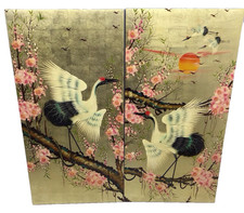 Asian Lacquer Wall Panels x2 Pair Gold 60cm x 30cm Vintage