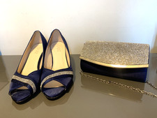 Quiz Evening Shoes & Bag Navy Blue Satin Silver Diamante Trim UK 4 EUR 37