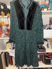Dark Green W Black Stars monsoon Dress Size 22 Velvet Button Placket &Cuff VGC