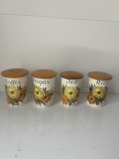 Vintage Fieldings Crown Devon Tea, Coffee, Sugar, & Rice Storage Jars Sunflowers