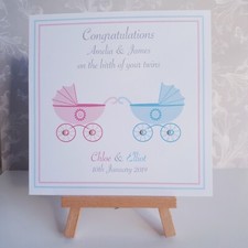 Personalised NEW BABY CONGRATULATIONS CARD - Birth of Twins Boy & Girl - Prams