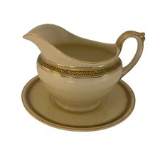 Vintage Wedgwood Gravy Sauce Boat & Stand Saucer Biege Gold Greek Key Jug Plate