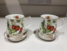 2 x Vintage Queen's Virginia Strawberry Bone China Mugs with Saucers
