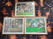 3 x ARTHUR SARNOFF ORIGINAL PRINTS FRAMED DOGS PLAYING POOL - SIGNED ALL IN VGC.