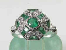 LARGE 9k 9CT WHITE GOLD COLOMBIAN EMERALD DIAMOND ART DECO INS RING FREE RESIZE
