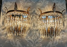 Beautiful Pair of Antique Vintage Crystal Wall Chandeliers Rewired Ready to Use