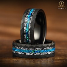 Mens Unique Meteorite &  Green Opal Hammered Tungsten Wedding / Engagement Ring