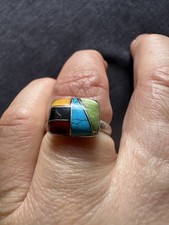 Vintage Tested  Sterling  Silver Gems Inlay Navajo Ring -uk Size L