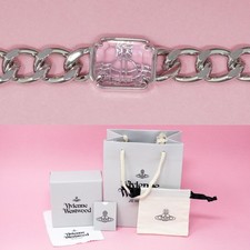 Vivienne Westwood Bracelet Silver Cuban Link Pink Crystal Orb Charms & Gift Box