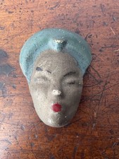 RARE Art Deco Painted Chalkware Plaster Brooch Face Mask Woman