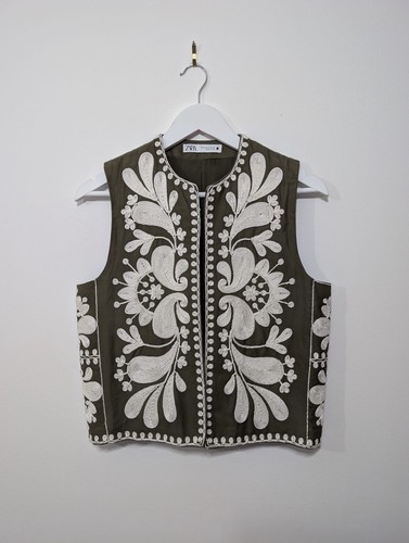 Zara khaki embroidered gilet - zara,