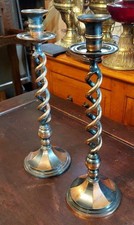 Pair Tall Antique Style Cast Brass Copper Effect Barley Twist Candlesticks
